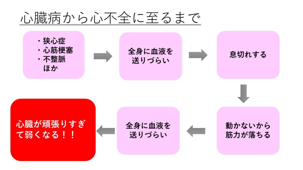 心臓病から心不全に至るまでの過程を説明したスライド