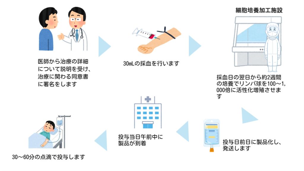 活性化自己リンパ球療法の流れをイラストで説明した図