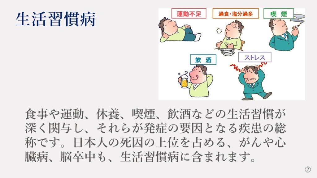 生活習慣病とは、食事や運動、休養、喫煙、飲酒などの生活習慣が深く関与し、それらが発症の要因となる疾患の総称です。