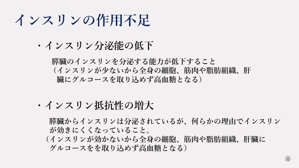 インスリンの作用不足について説明したスライド